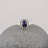 Natural Blue Sapphire Silver Ring - Handmade Gemstone Boho Ring - Solid 925 Silver Dotted Ring Jewelry for Wholesale - Oval Silver Ring